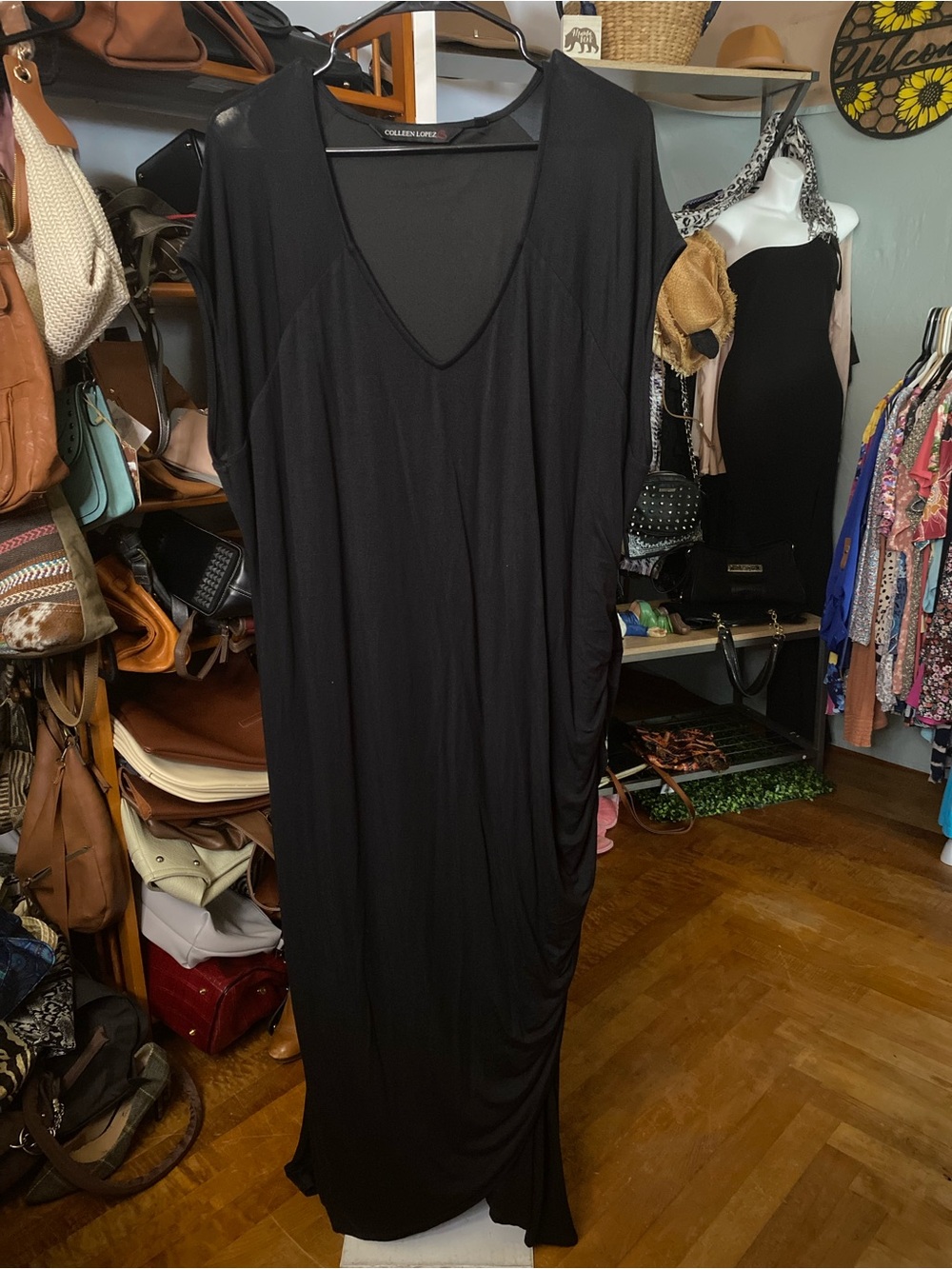 Colleen Lopez Black V-Neck Draped Maxi Dress